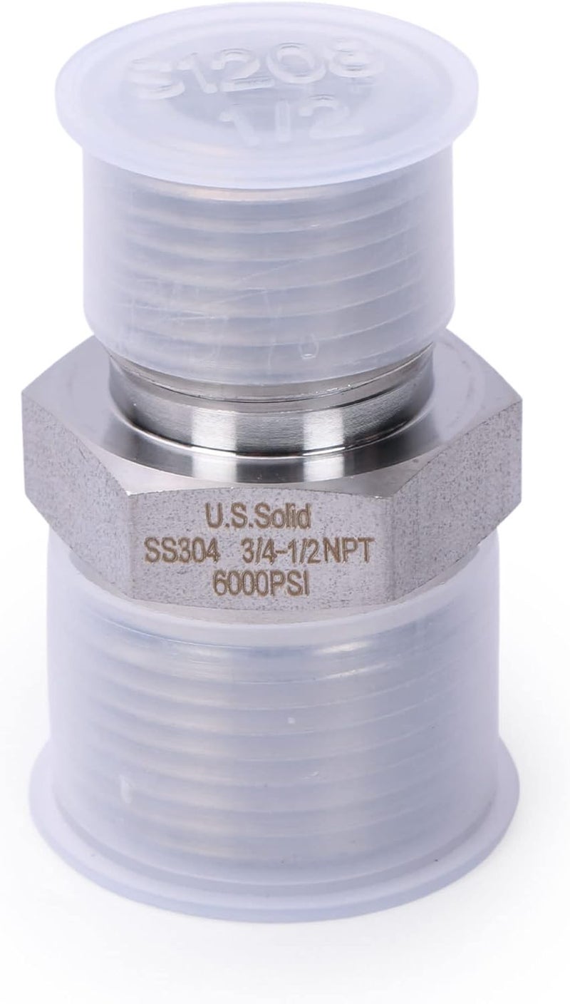 U.S. Solid 304 Stainless Steel Hex Nipple, 6000 psi High Pressure Heavy Duty Pipe Fitting (1 pc), 3/4" x 1/2" NPT Male - Image 2